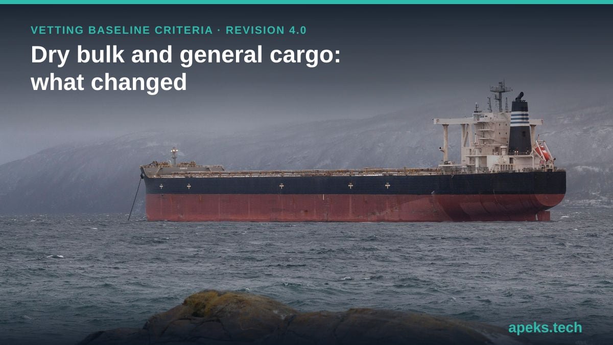 Illustrative photo of a large bulk carrier at anchor in grey, windy weather off a snow-dusted coast, with the heading "Vetting baseline criteria, Revision 4.0: dry bulk and general cargo, what changed". The ship is not connected to the story.